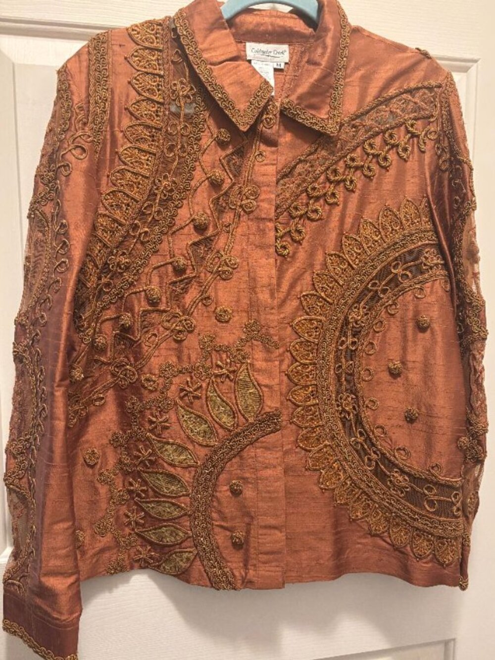 Coldwater Creek Jacket Shimmering 100% Slub Silk Copper, Intricate Wearable Art